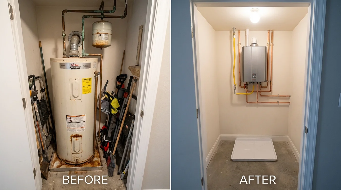 Tank water heater versus wall-mounted tankless unit comparison for Kingsville, MD homeowners