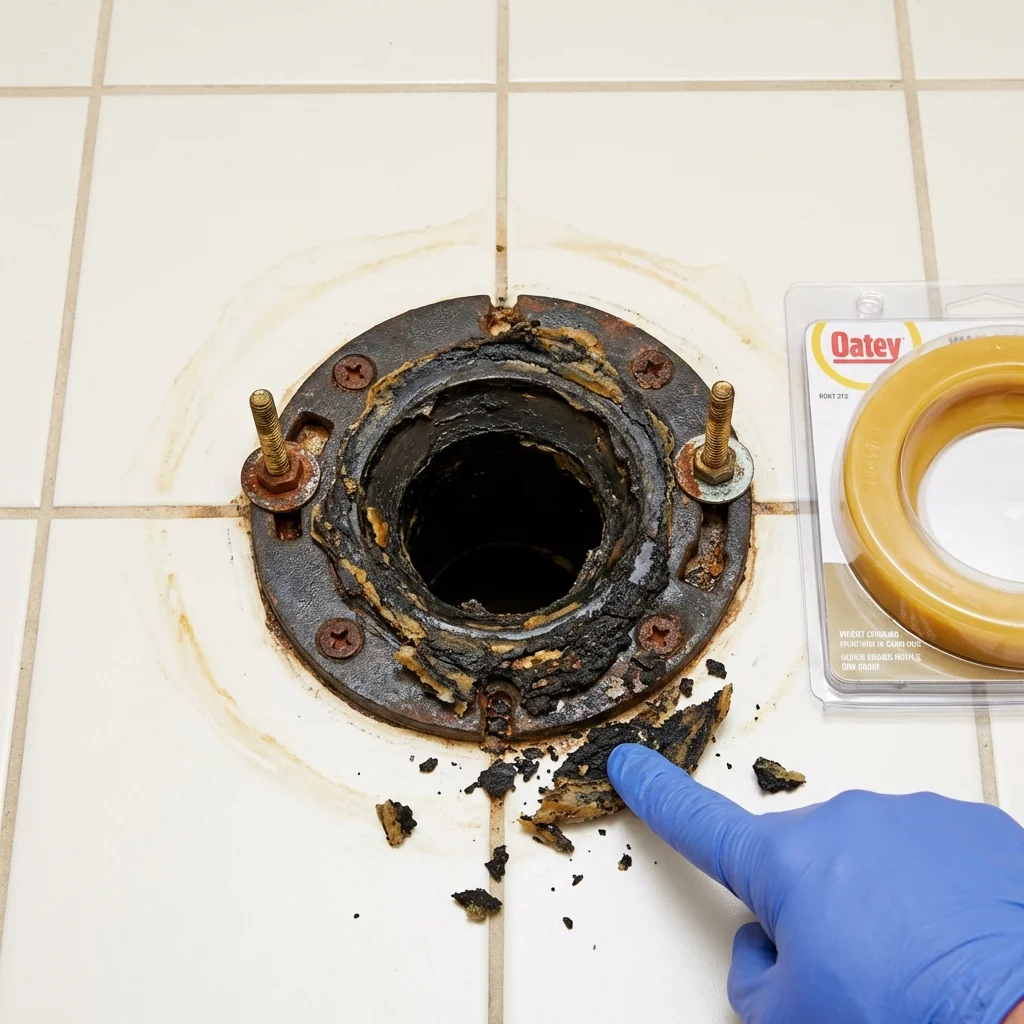 Failed wax ring showing water seepage at the base of a toilet in a Kingsville, MD home