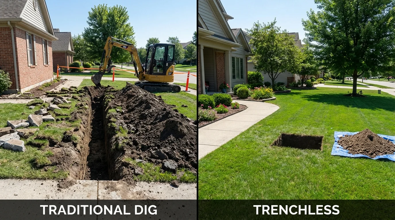 Trenchless sewer repair with minimal yard damage versus traditional excavation in Kingsville, MD