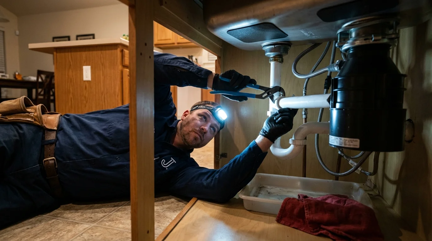 P-trap and supply line connections under a kitchen sink showing a common leak point in Kingsville, MD